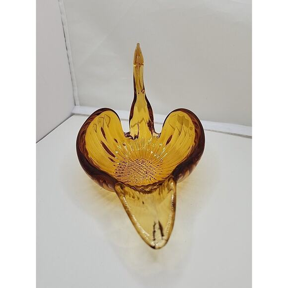 Vintage Amber Hand Blown Swan Art Glass Candy/Trinket Bowl 4" Retro Art Deco MCM - Picture 2 of 9
